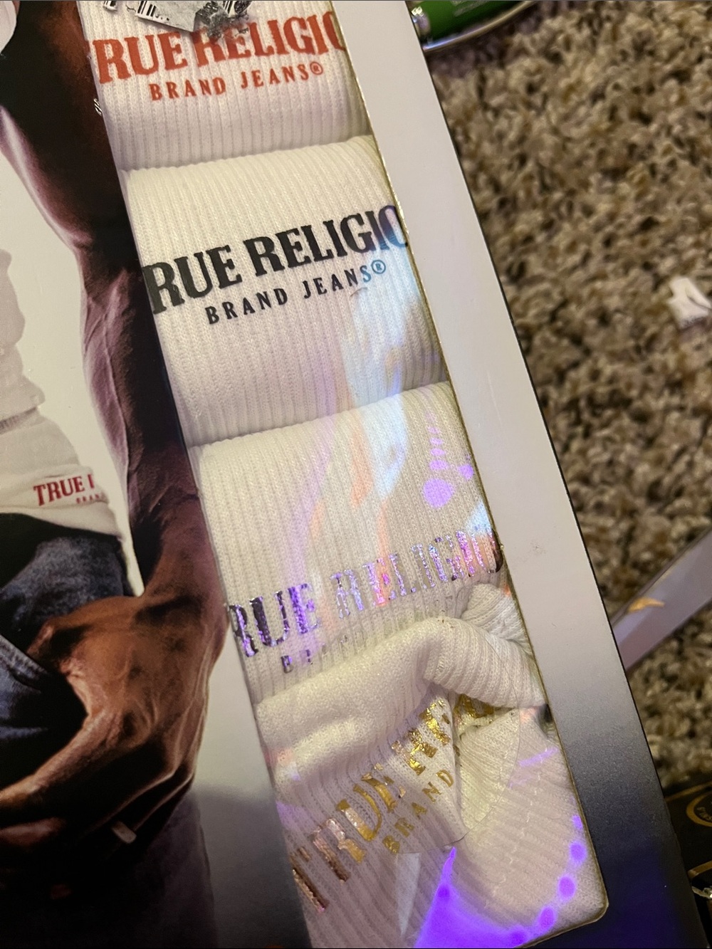 True Religion White Crew Socks with Multicolor Logo Accents - 4 Pack